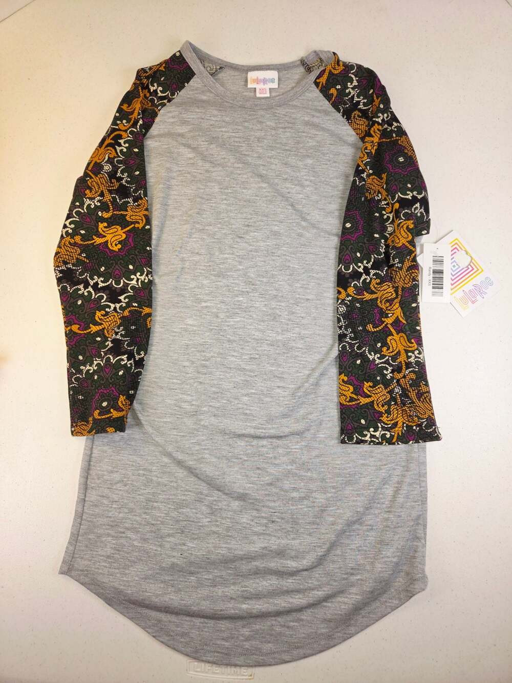 LuLaRoe Randy 3/4 Sleeve Baseball Tee Gray Paisley Floral Size XXS New With Tags